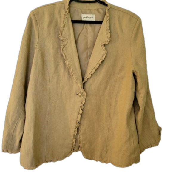 Peck & Peck Tan Linen Blazer One Button Closure Lined Ruffle Detail Size XL - Picture 1 of 12